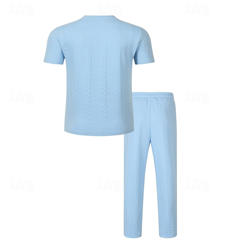 Bărbați Costume de tricou Seturi de cămașă și pantaloni tinute 2 piese Manșon scurt Crewneck Vară Primăvară Simplu Modă Casual Jacquard 2 bucăți Vacanță Purtare Zilnică Ieșire Negru Alb Kaki Top 2026 - $34.99 –P15
