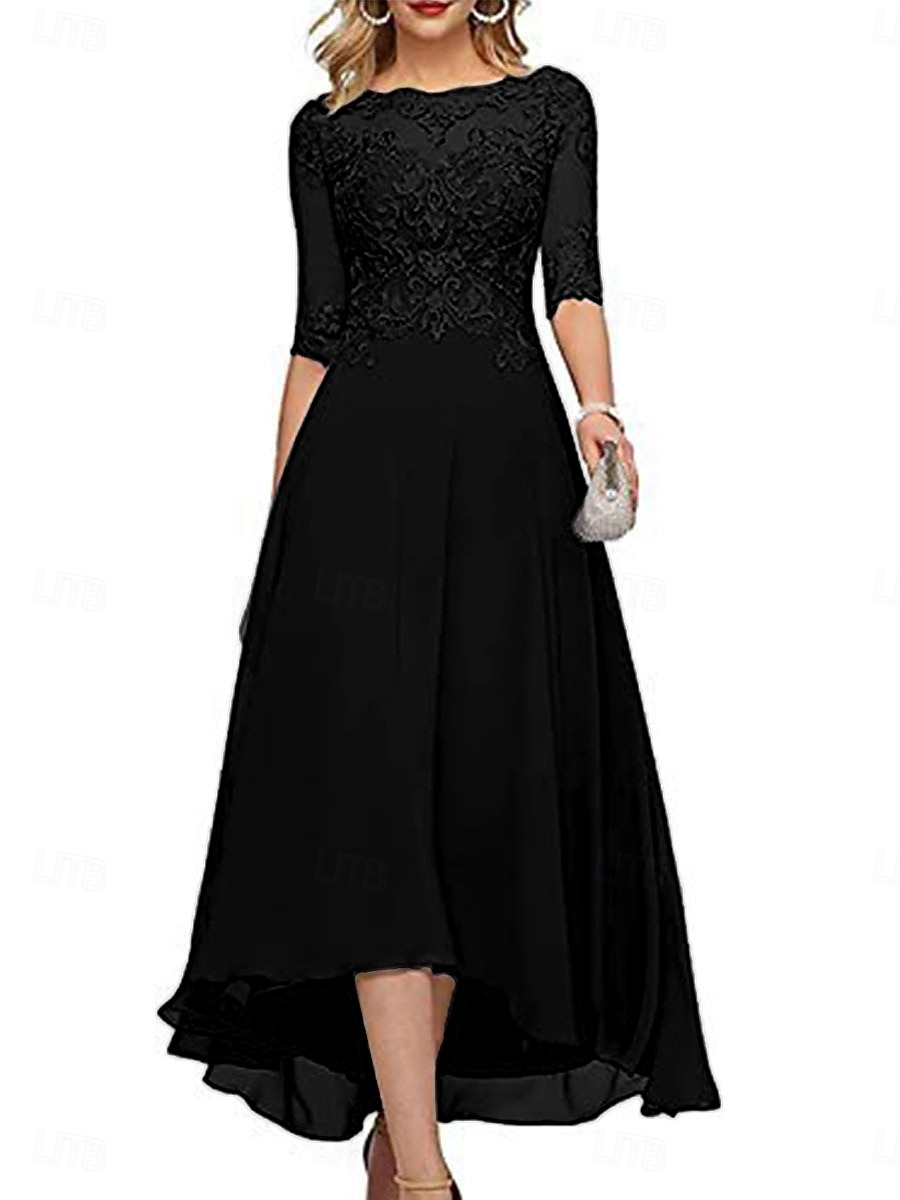 Robe A-Line mère de la mariée invitée de mariage formelle élégante col rond longueur de sol en chiffon à demi-manches avec couleur unie de 2025 ? $139.99 –P12