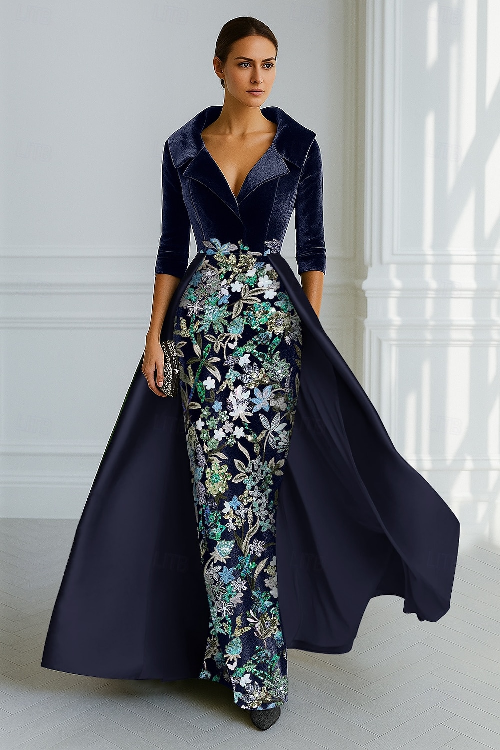 A-Line Floor Length Beaded Eembroidered Formal Dresses Mother of the Bride Dress Evening Gown Ball Gown with Overskirt Formal Dress Elegant Color Block High Split Half Sleeve Shirt Collar Wedding 2026 - $218.49 –P1