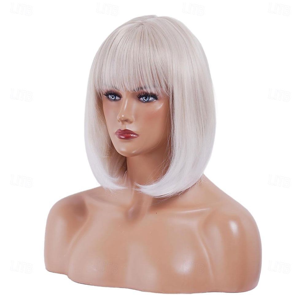 Perruque courte blanche platine avec frange, cheveux synthétiques ombrés à blonds, résistante à la chaleur, 12 pouces, pour femmes de 2025 ? $21.99 –P7