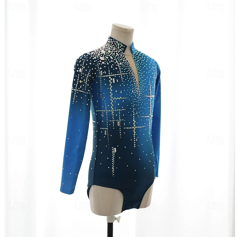 Figure Skating Top Men's Boys' Ice Skating Tops Blue Patchwork Spandex High Elasticity Training Competition Skating Wear Classic Crystal / Rhinestone Long Sleeve Ice Skating Figure Skating 2026 - $338.09 –P9