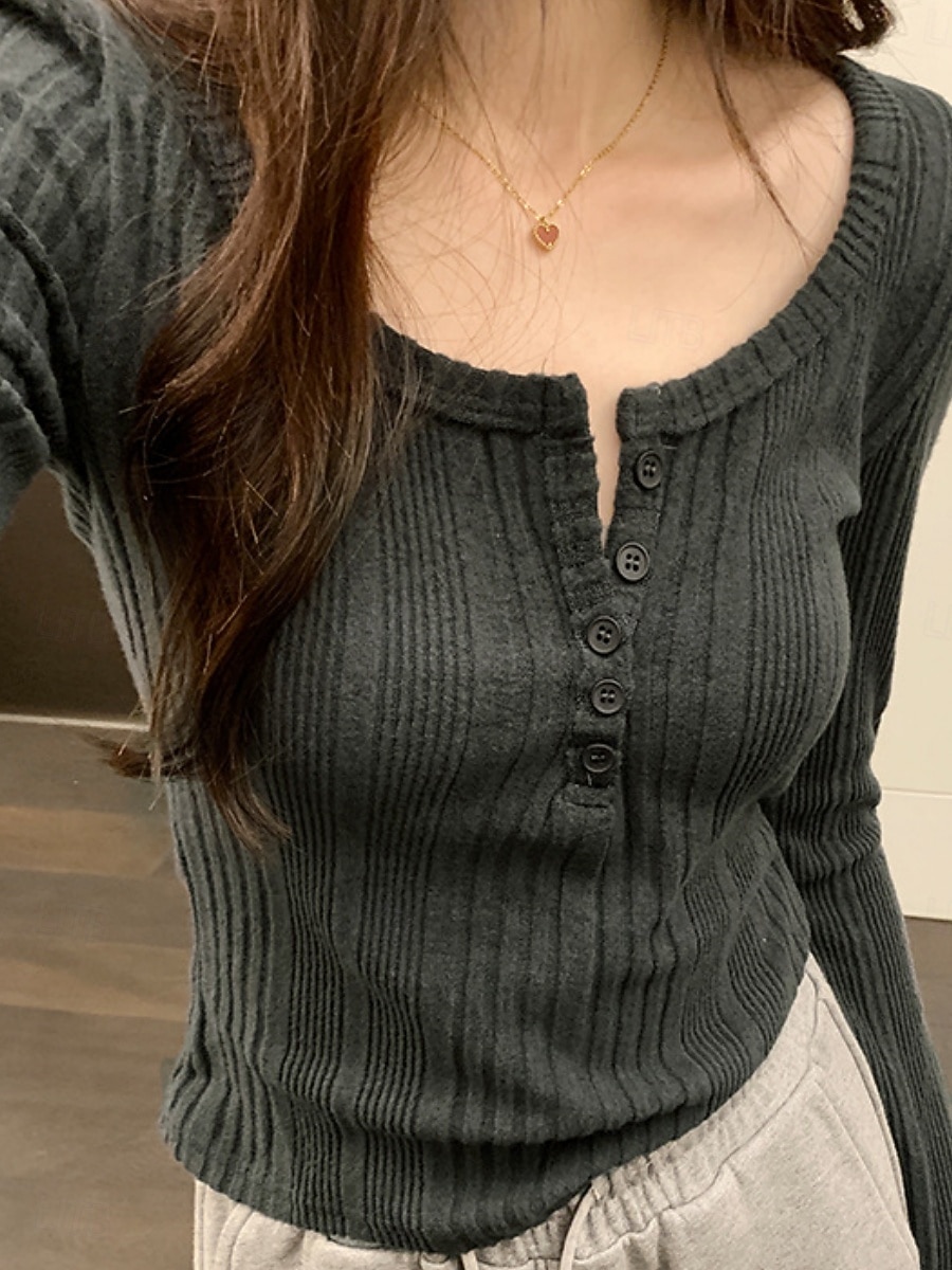 Damen Bluse Knöpfe Einfarbig Stilvoll Lässig Langarm Rundausschnitt Normale Oberteile Täglich Marineblau Dunkelgray Grau Frühling Herbst Winter 2026 - $21.99 –P8