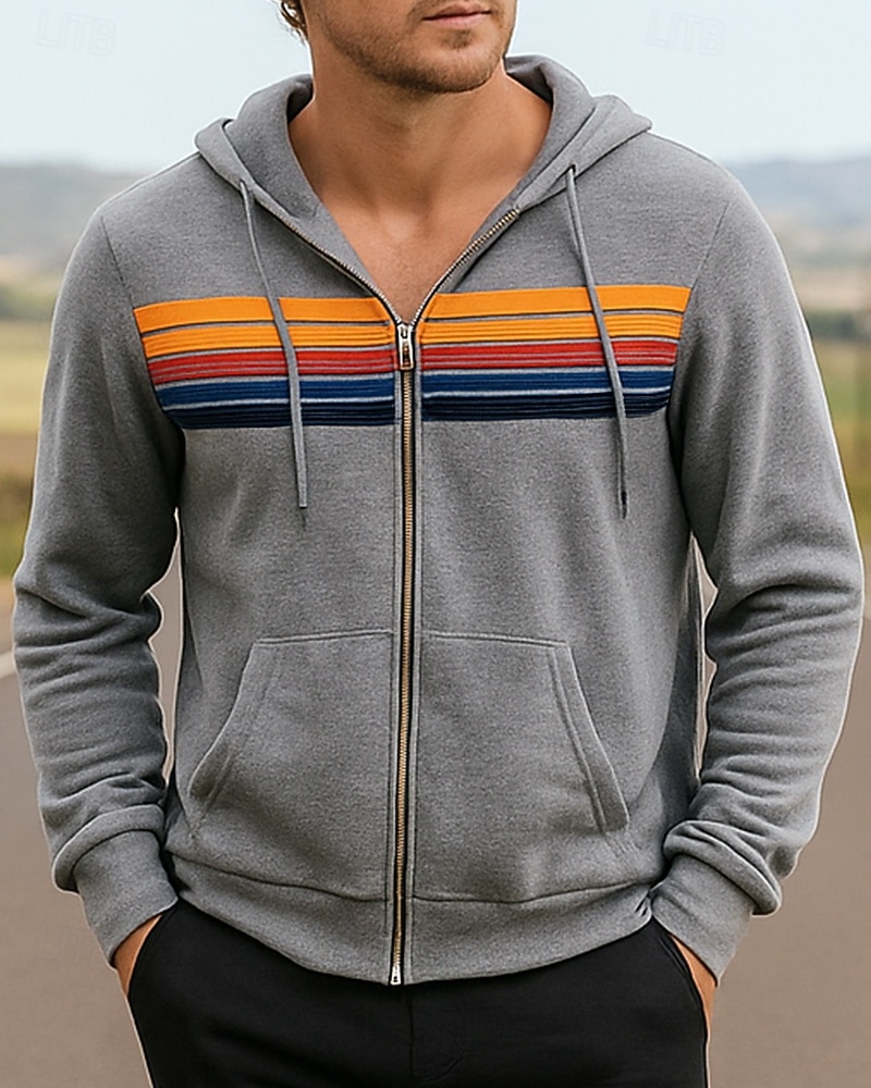 Homens Riscas Moletom com capuz Moletom com zíper Outono/Inverno Com Cordão Manga Longa Roupa Esportiva Quente Da Moda Equitação Corrida Viagem Férias Ioga Preto Branco Azul Roupa de esporte Roupas de 2026 por $26.99 –P3