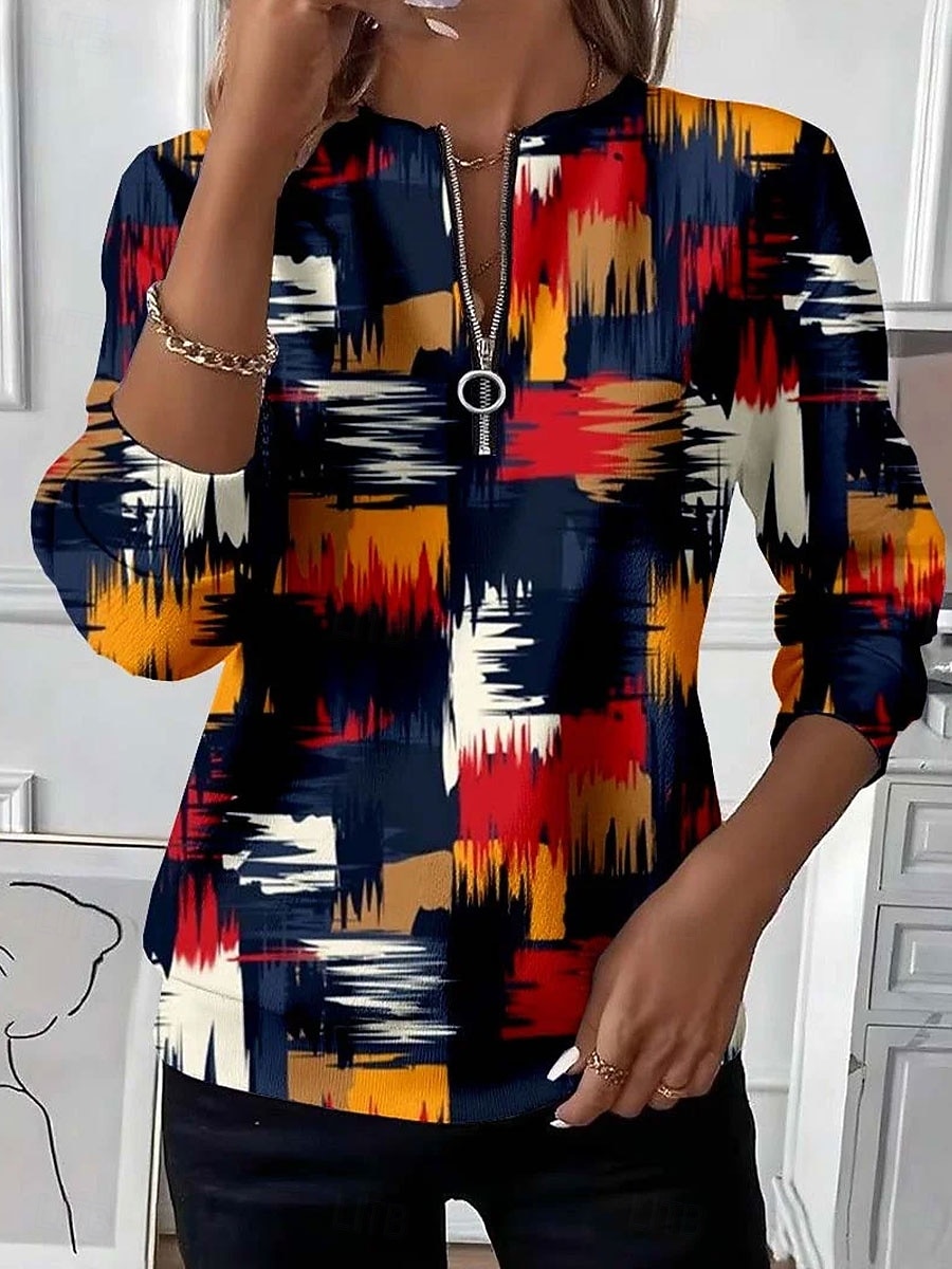 Dámské Svetrová mikina Mikiny na zip Slátanina Zip Tisk Grafika Geometrický Barevné bloky Módní Na běžné nošení Dlouhý rukáv Tričkový Běžné topy ulice Na den Černá Fialová Oranžová Šedá Podzim Zima 2026 - $27.99 –P4