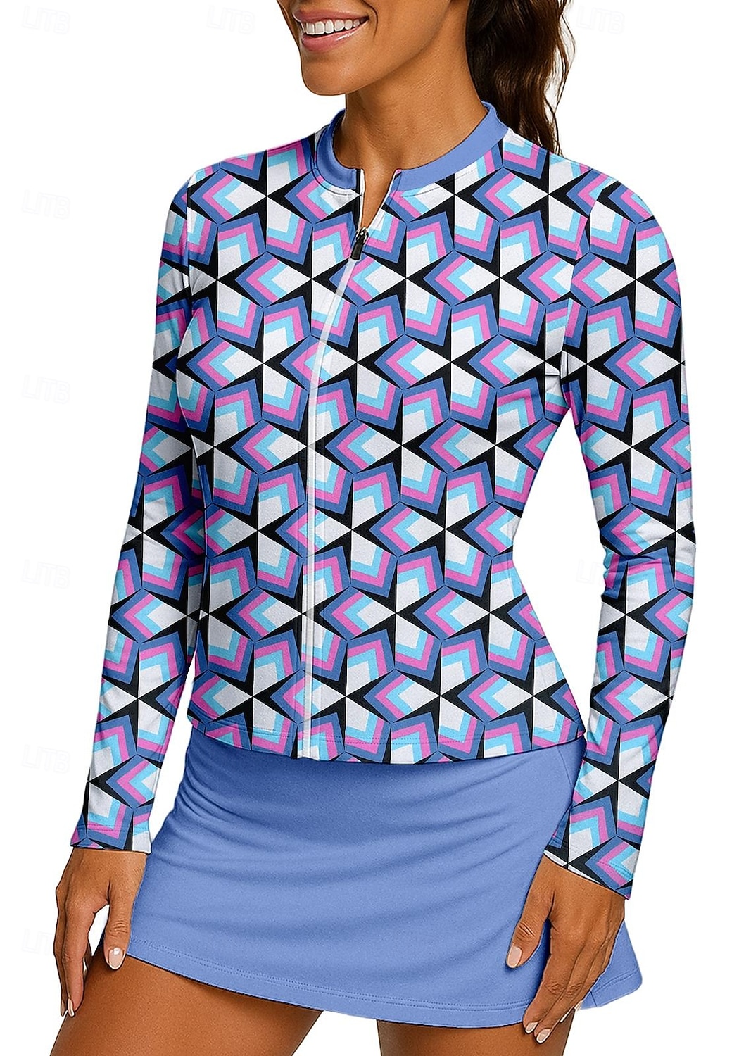 Dames Geometrisch Sportshirt Tennisshirt Tennistop Lange mouw Vetoketju Bloemig UPF50+ UV-bestendig Hoge Elasticiteit Vochtregelerend Ademend Volleybal Tennis Golf Opstaand Rits kraag Hemd Sweatshirt 2026 - $20.99 –P1