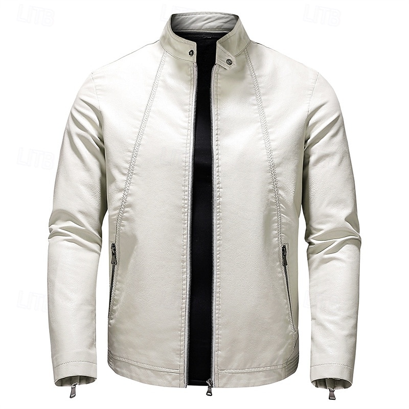 Men's Faux Leather Jacket Fleece Jacket Biker Jacket Motorcycle Jacket Vacation Daily Windproof Warm Pocket Fleece Fall Winter Plain Fashion Classic Stand Collar Regular Black White Wine Jacket 2025 - $54.99 –P2