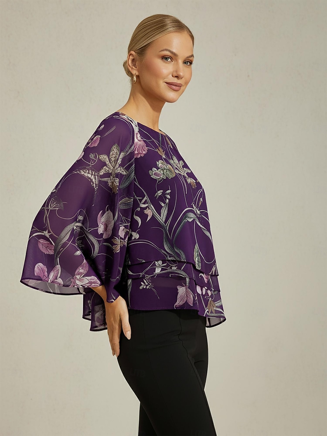 chemisier femme en mousseline transparente imprimé floral violet foncé manches mi-longues ourlet superposé col rond pull de 2025 ? $61.99 –P1