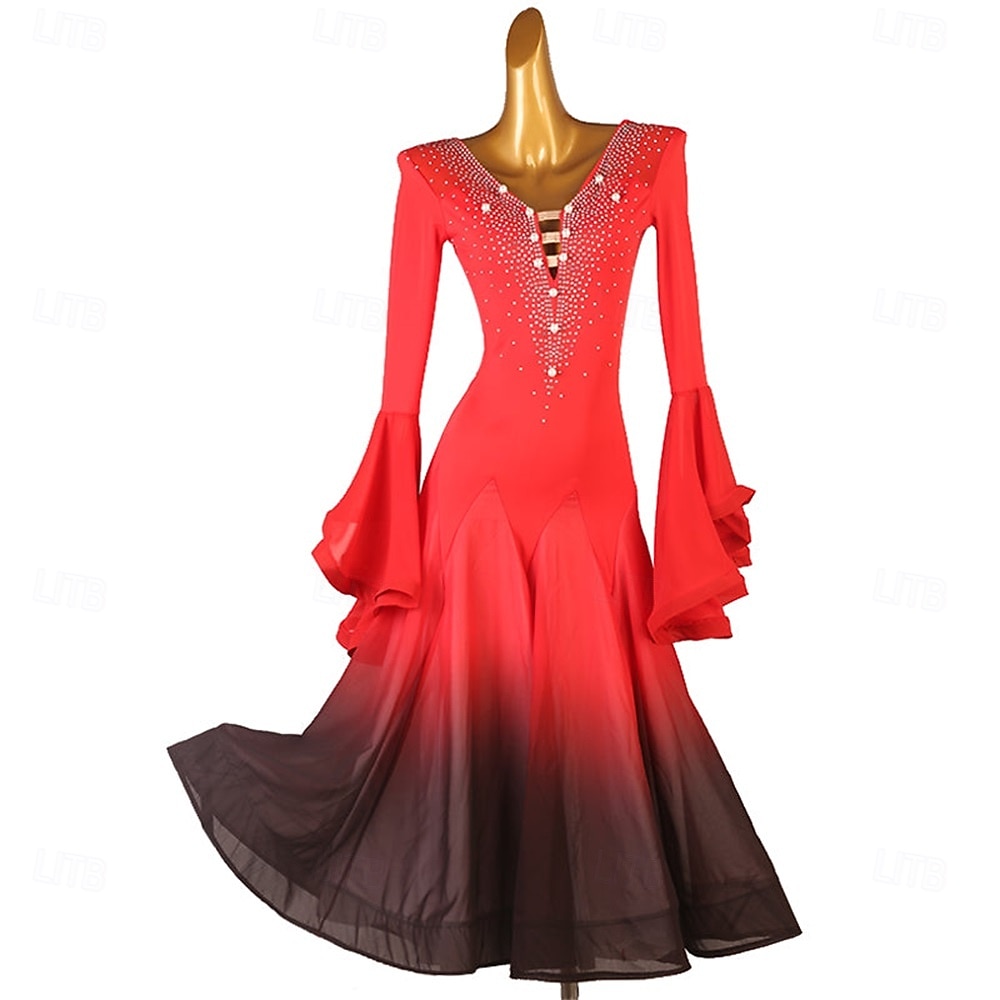 Женское платье для бальных танцев синего цвета с эффектом омбре, стразами, рукавами-колокольчиками и расклешенной юбкой – идеально подходит для латиноамериканских танцев, танго и выступлений. 2026 - $233.69 –P8