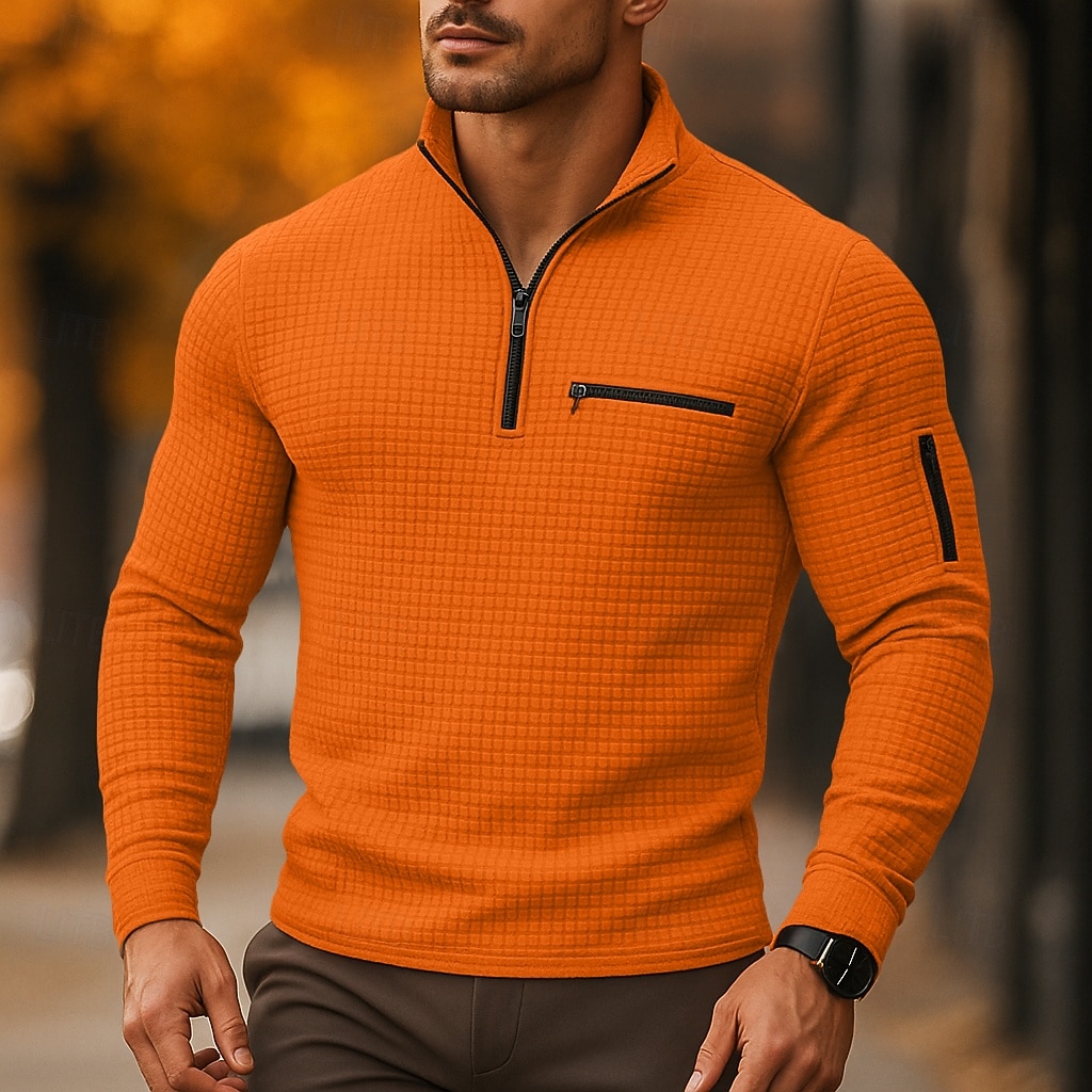 Herren Waffel-Poloshirts Urlaub Arbeit Viertelreißverschluss Langarm Mode Bequem Farbblock Reißverschluss Tasche Frühling & Herbst Normale Passform Schwarz Weiß Marineblau Orange Waffel-Poloshirts 2025 - $25.99 –P12