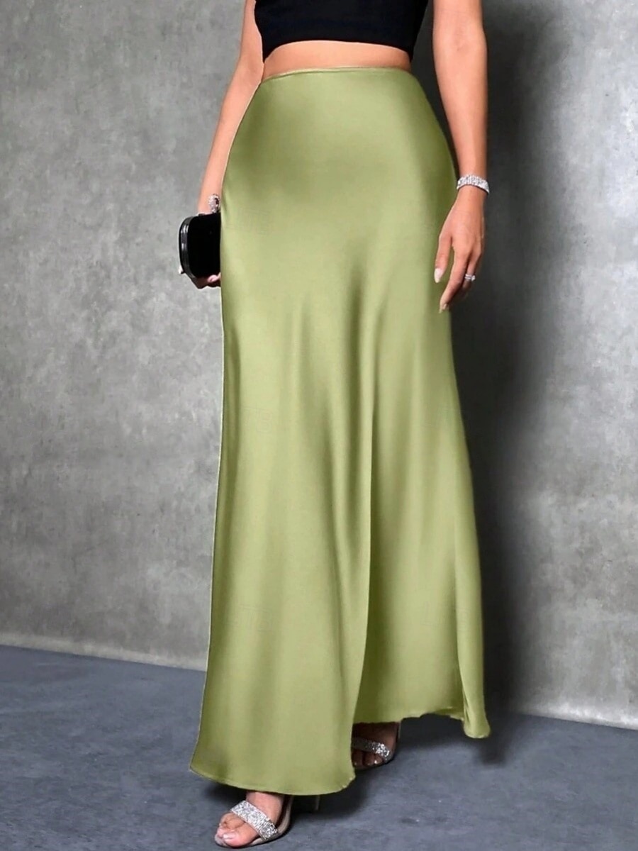 Women's Satin Skirts Elegant Fashion Maxi High Waist Skirts Plain Micro-elastic Party Street Black Fuchsia Green Khaki Spring 2026 - $25.99 –P4