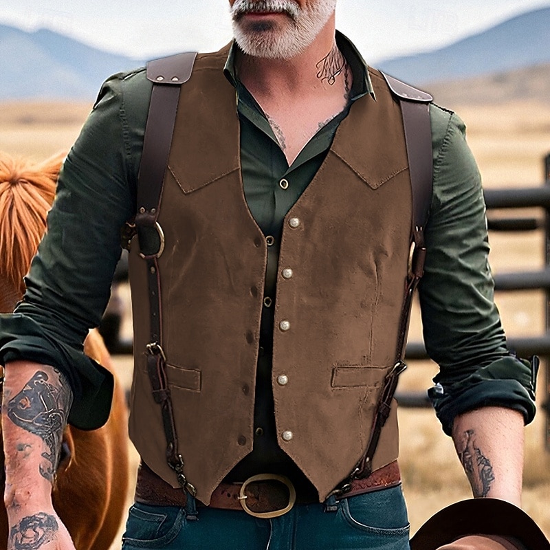 Herren Weste aus Wildlederimitat Weste Gilet Urlaub Party Geschäft Mode Lässig Frühling Herbst Tasche Knöpfe Polyester Bequem Einfach Einreihig Ein-Knopf V Ausschnitt Normale Passform Schwarz 2025 - $32.99 –P5