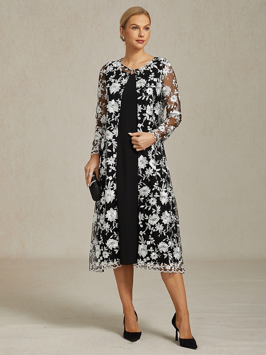 2026年 女性用 コート 高通気性 レース 刺繍 エレガント フラワー フォーマル 結婚式 パーティー ロング クルーネック ルーズフィット 長袖 アウターウェア ブラック 夏 春  コレクション – $65.99 –P3