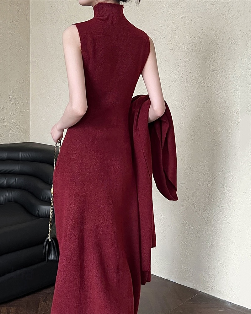 Damen Langes Kleid Maxikleid Strickkleid Freizeitkleid Kleid-Set Elegant Mode Modern Outdoor Täglich Ausgehen Normale Passform Einfach Langarm Hoher Ausschnitt Stehkragen Rote Winter Herbst 2025 - $56.99 –P3