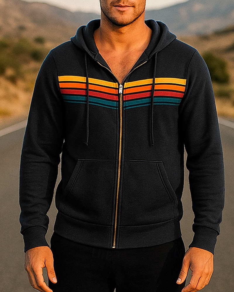 Homens Riscas Moletom com capuz Moletom com zíper Outono/Inverno Com Cordão Manga Longa Roupa Esportiva Quente Da Moda Equitação Corrida Viagem Férias Ioga Preto Branco Azul Roupa de esporte Roupas de 2026 por $26.99 –P6