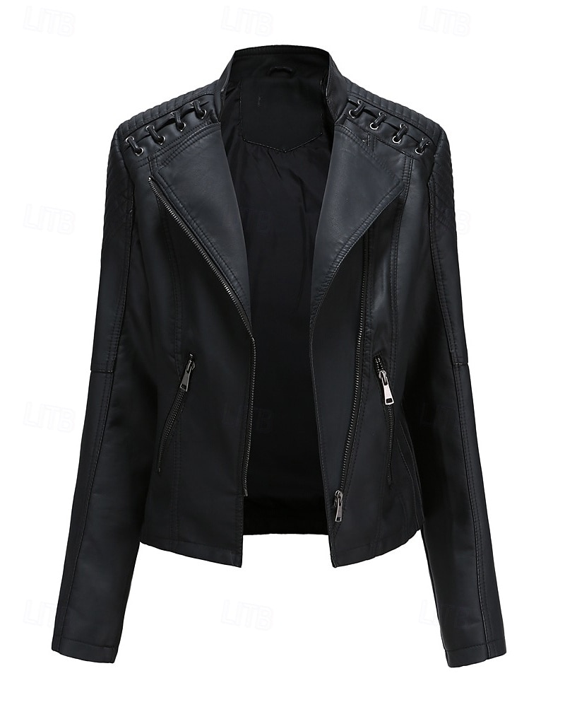 Per donna Giacca in Ecopelle Confortevole Cerniera Tasca Casual Semplice Vacanza Abbigliamento quotidiano Uscire Weekend Regolare Collo ripiegato Vestibilità regolare Manica Lunga Capispalla Nero del 2025 a $53.99 –P8