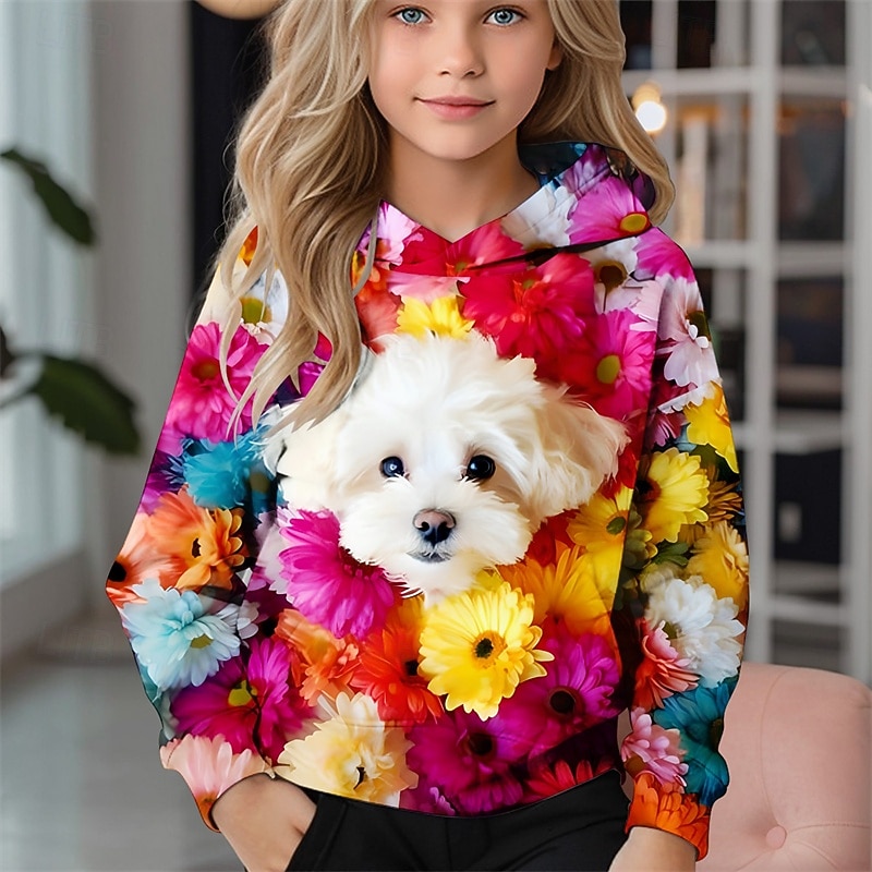 Girls' 3D Floral Dog Hoodie Long Sleeve Fall Winter Fashion Adorable Basic Kids 4-12 Years Hooded Outdoor Casual Daily Regular Fit 2026 - $19.99 –P1