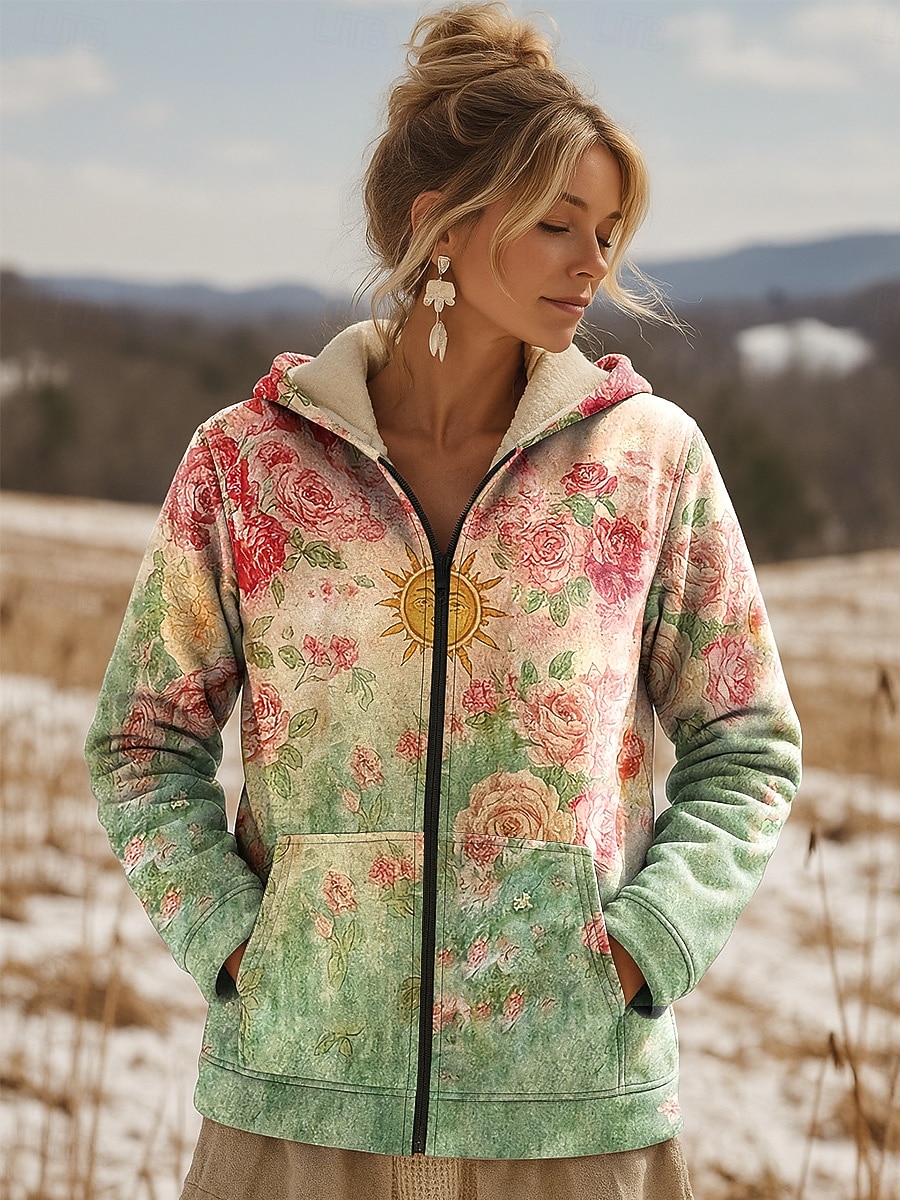 Felpa con cappuccio per donna maglione floreale casual a maniche lunghe normali cappuccio top casual sportivo con tasca verde chiaro rosa khaki autunno inverno del 2026 a $51.99 –P4