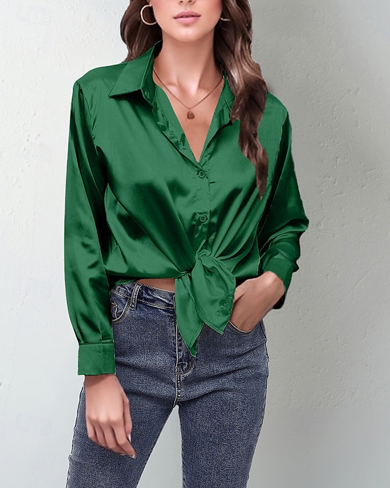 Damskie Koszula Elegancki Szykowny Top satynowy Guziki Jednokolorowe Elegancki Codzienny Długi rękaw Kołnierzyk koszuli Zwykłe topy Codzienny Wyjściowe Niebieski Jasnozielony Rumiany róż Żółtobrązowy 2026 - $27.99 –P8