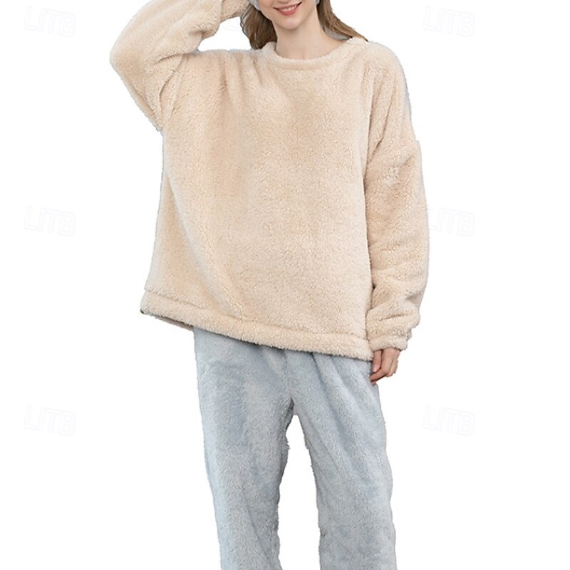 Dam Pyjamas Vardagsklädsel Ledigt Lappverk Ren färg Lappverk Semester Hem Säng Långärmad Rund hals Blå Beige Höst Vinter Skräddarsydd passform 2025 - $41.99 –P6