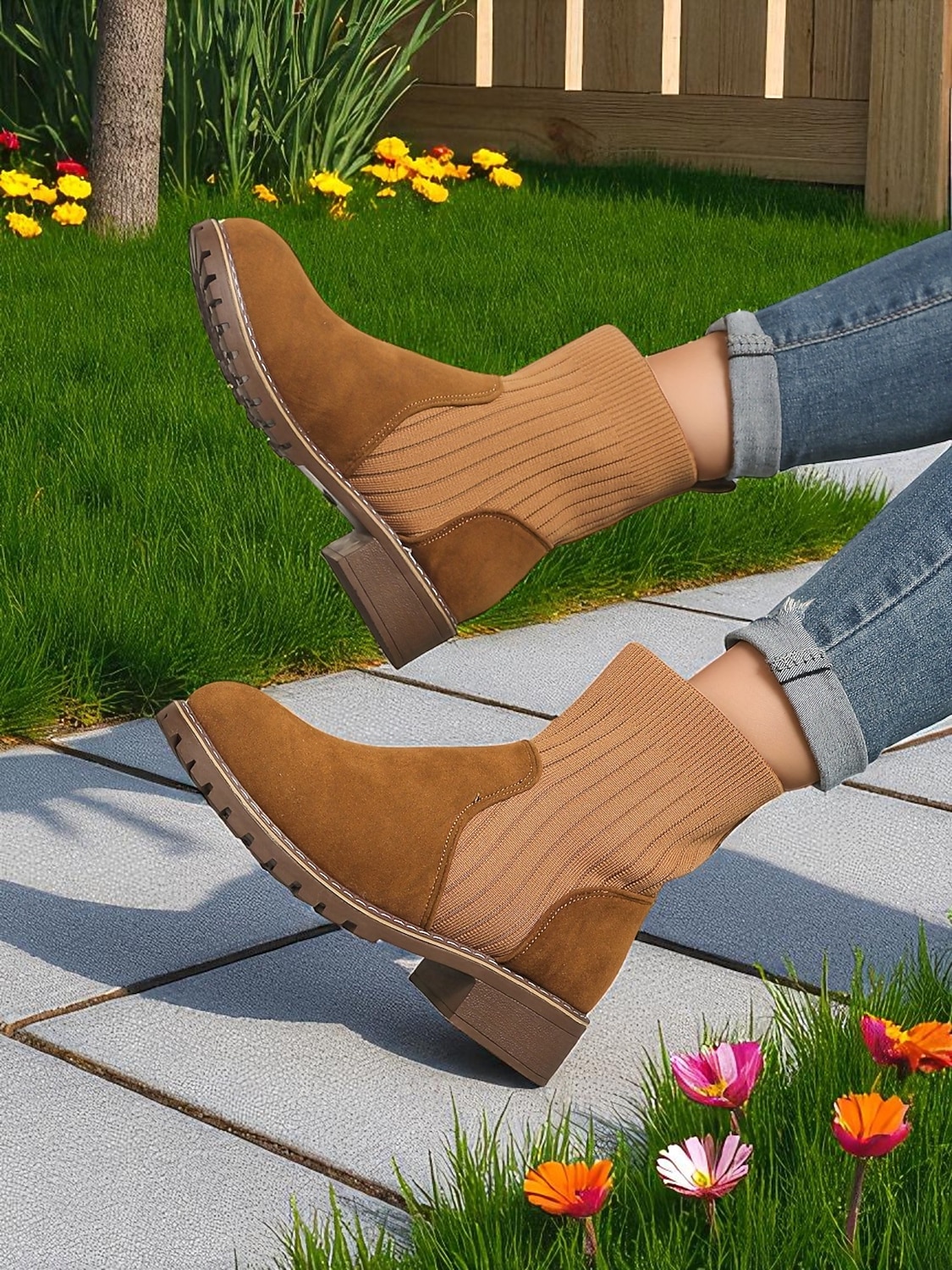 Bottines en similicuir marron clair pour femme avec tige en tricot côtelé – bottines Chelsea confortables pour l'automne et l'hiver, idéales pour les tenues décontractées de 2025 ? $32.99 –P6