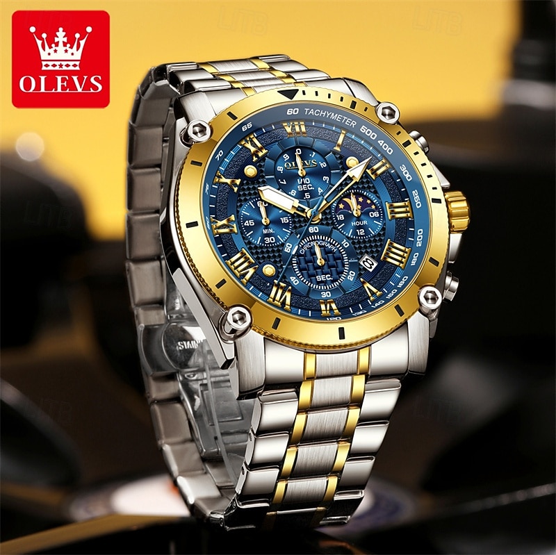 The New Olevs Men'S Steel Band Business Watch Moon Phase Luminous Calendar Chronograph 24-Hour Indication Quartz Watch Is A Fashionable Casual And Versatile Waterproof Sports Wristwatch 2025 - $32.99 –P4
