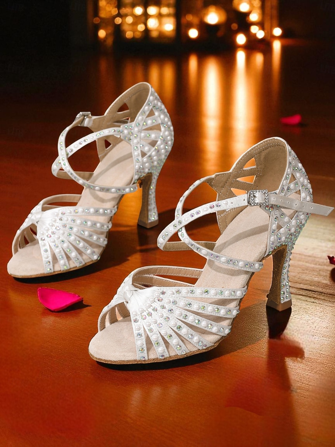 Zapatos de baile latino con tiras y hebillas de diamantes de imitación blancos para mujer: sandalias profesionales de salsa para fiestas Gatsby y eventos de baile vintage. 2026 - $69.99 –P6