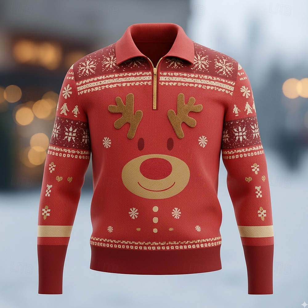 2025年 クリスマス 男性用 カートゥン 各 ポロ 長袖 折襟 近代の レジャー スポーツ カジュアル／普段着 ジッパー 3Dプリント 春 秋 冬 ルビーレッド グリーン アプリコット  コレクション – $22.99 –P2