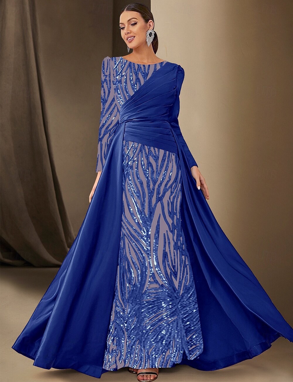 Black Tie Sjöjungfru  Trumpet Aftonklänning Paljetterande Glittrande Klänning Formell Bröllop Golvlängd Lång Ärm Båthals Satin med Fållar 2025 - $184.99 –P4