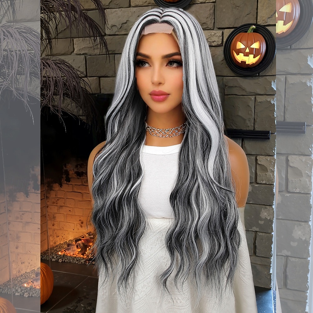 Synthetic Lace Wig Curly Style 26 inch Mixed Color Middle Part U Part Wig Women's Wig Black & White 2025 - $40.99 –P3