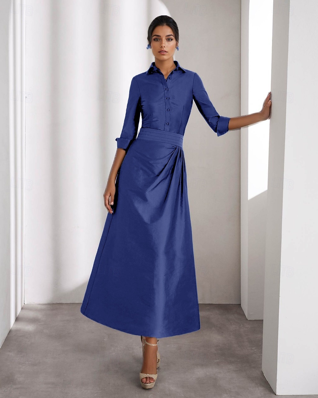 A-linje Ankellengde Skjortekjole Festkjole Cocktail Kjole Kjole til brudens mor Langermet Skjortekrage Elegant Bryllup Formell Taft med Plissert Spalte 2026 - $157.99 –P5