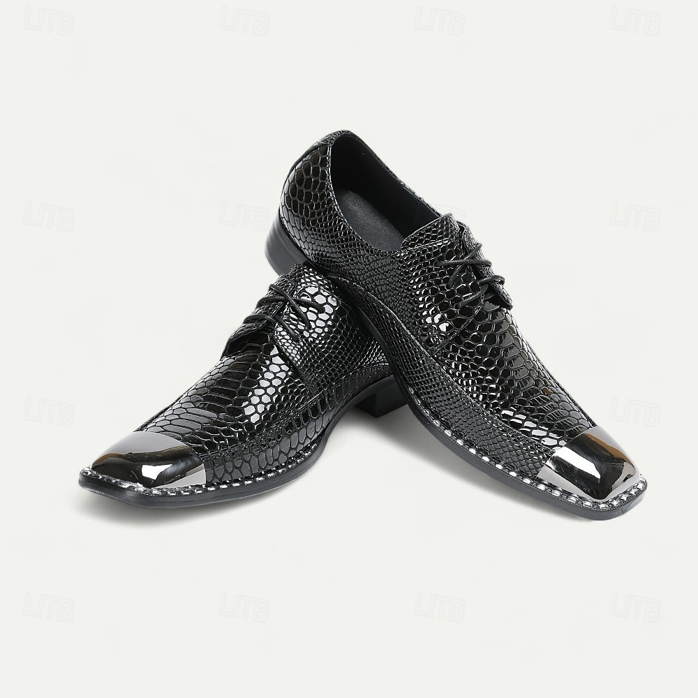 Sapatos sociais masculinos de couro legítimo bordô com estampa de cobra e cadarço e biqueira de metal – sapatos da moda para banquetes e coquetéis de 2026 por $129.99 –P13