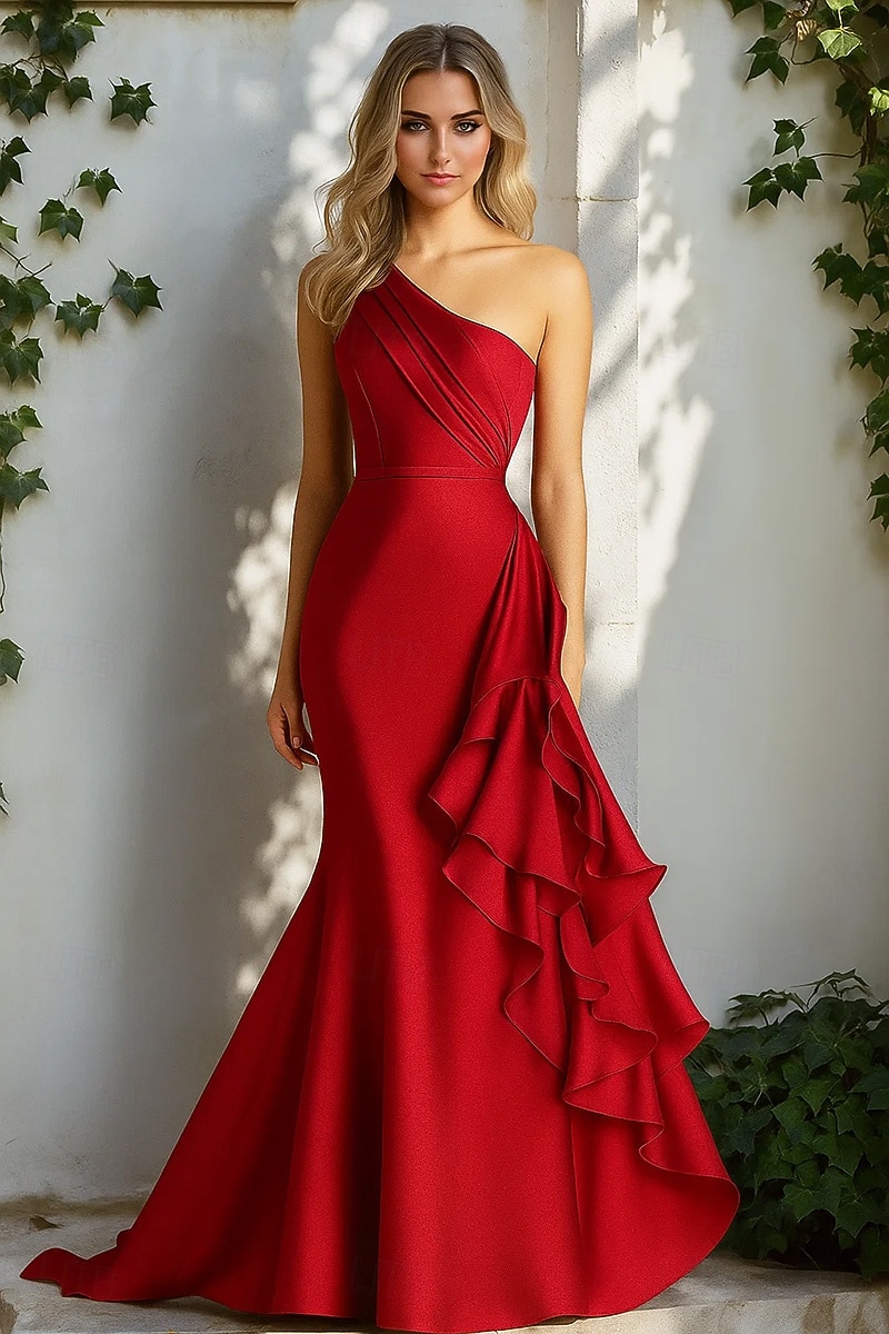 Syrena Suknia wieczorowa Elegancja Suknia formalna Formalny Ślub Tren sweep Bez rękawów Na jedno ramię Satyna z Z marszczeniami Falbany 2025 2025 - $154.99 –P4