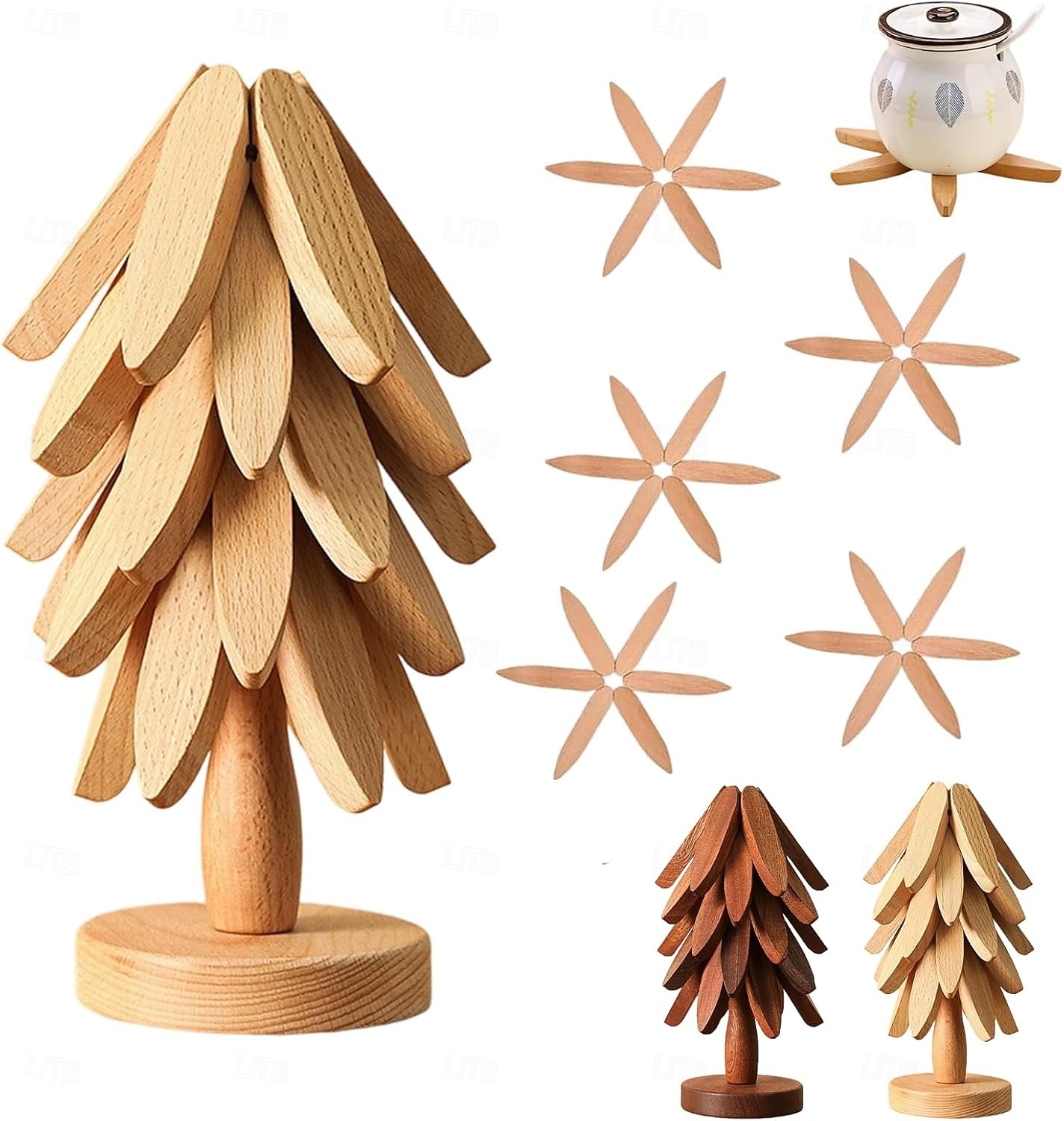 ensemble de dessous de plat en bois naturel, 3/4/5 dessous de plat en bois &1 support comme un sapin de Noël, dessous de plat de cuisine pliable naturel pour casseroles, poêles, bols &théières de 2025 ? $12.99 –P6