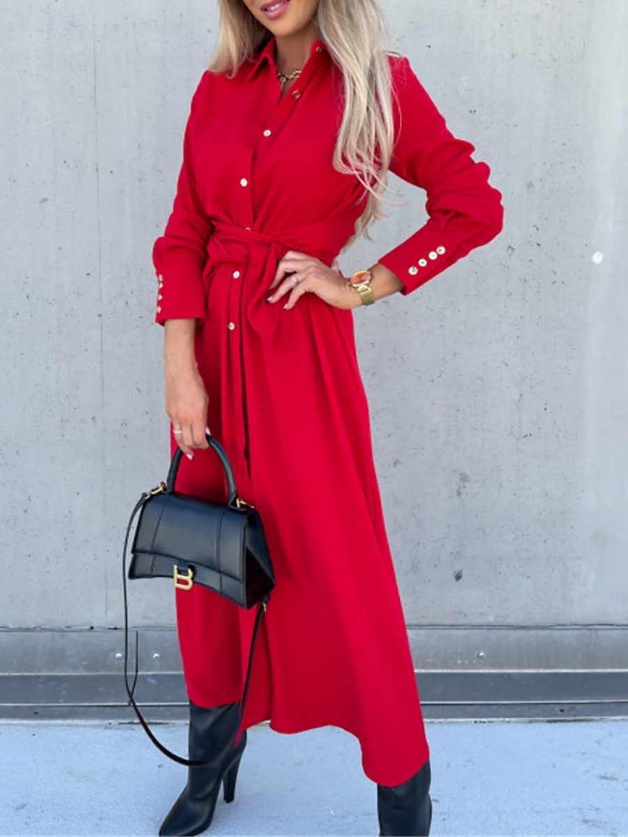 Femmes Robe Midi Robe trapèze Occasionnel Quotidien Coupe régulière Uni manche longue Revers Noir Rouge Vert Abricot Printemps Automne Hiver de 2025 ? $31.99 –P16