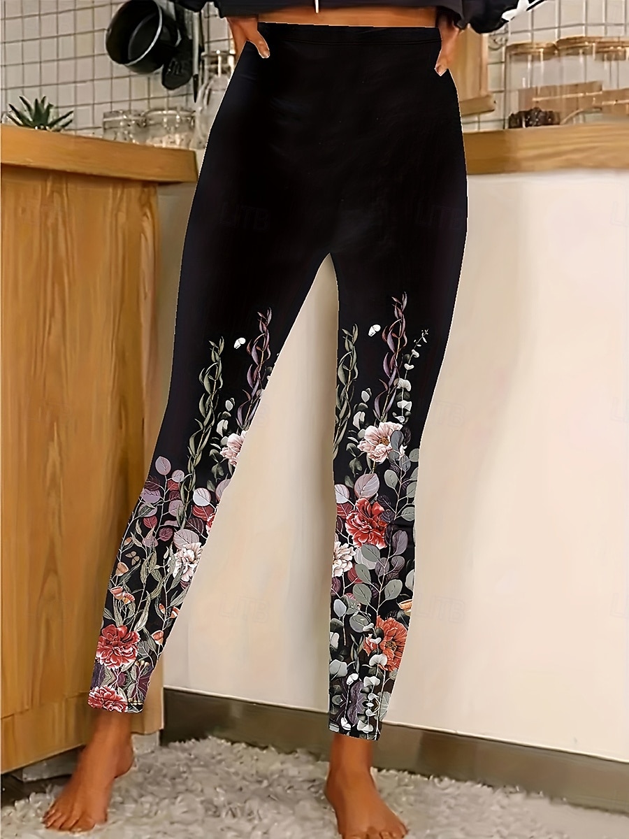 Mulheres Leggings Vintage Moda Roupa de rua Comprimento total Cintura Alta Floral Gráfico Estampado Térmico / Quente Macio Respirável Com Stretch Férias Rua Preto Amarelo Laranja Verde Primavera de 2026 por $21.99 –P5
