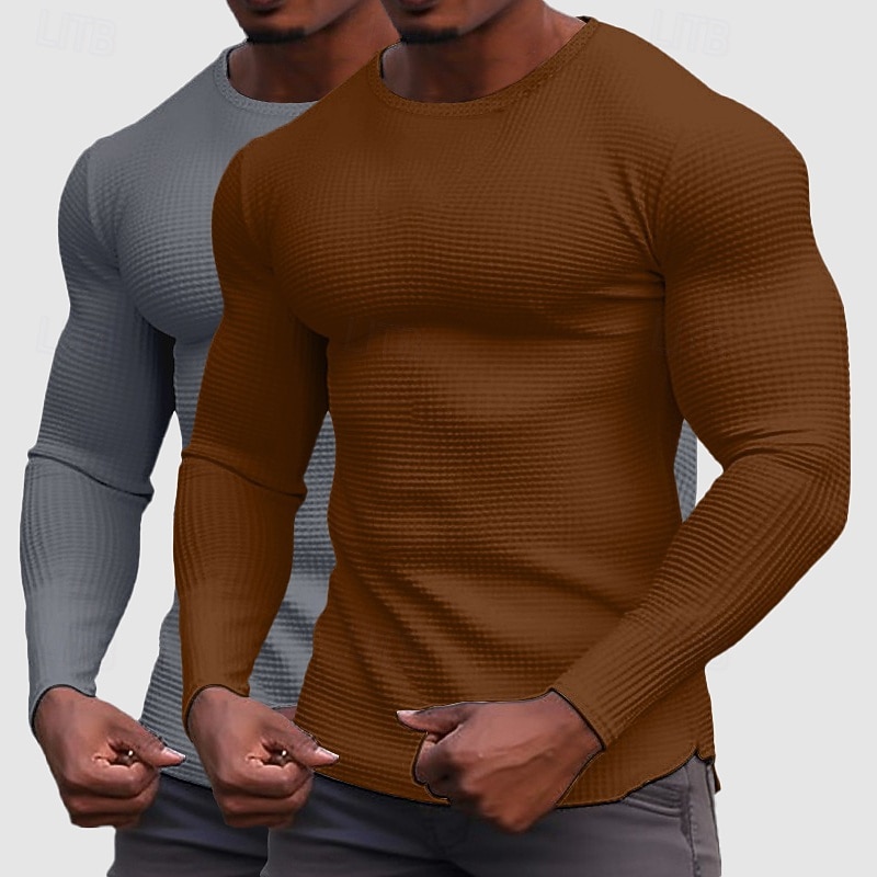 Men's Waffle Shirt T Shirt Tee Top Long Sleeve Shirt Long Sleeve Crew Neck Spring &  Fall All Seasons Plain Fashion Designer Basic 2 Piece Knitted Multi-pack Casual Vacation Street White+Black Top 2026 - $39.99 –P6