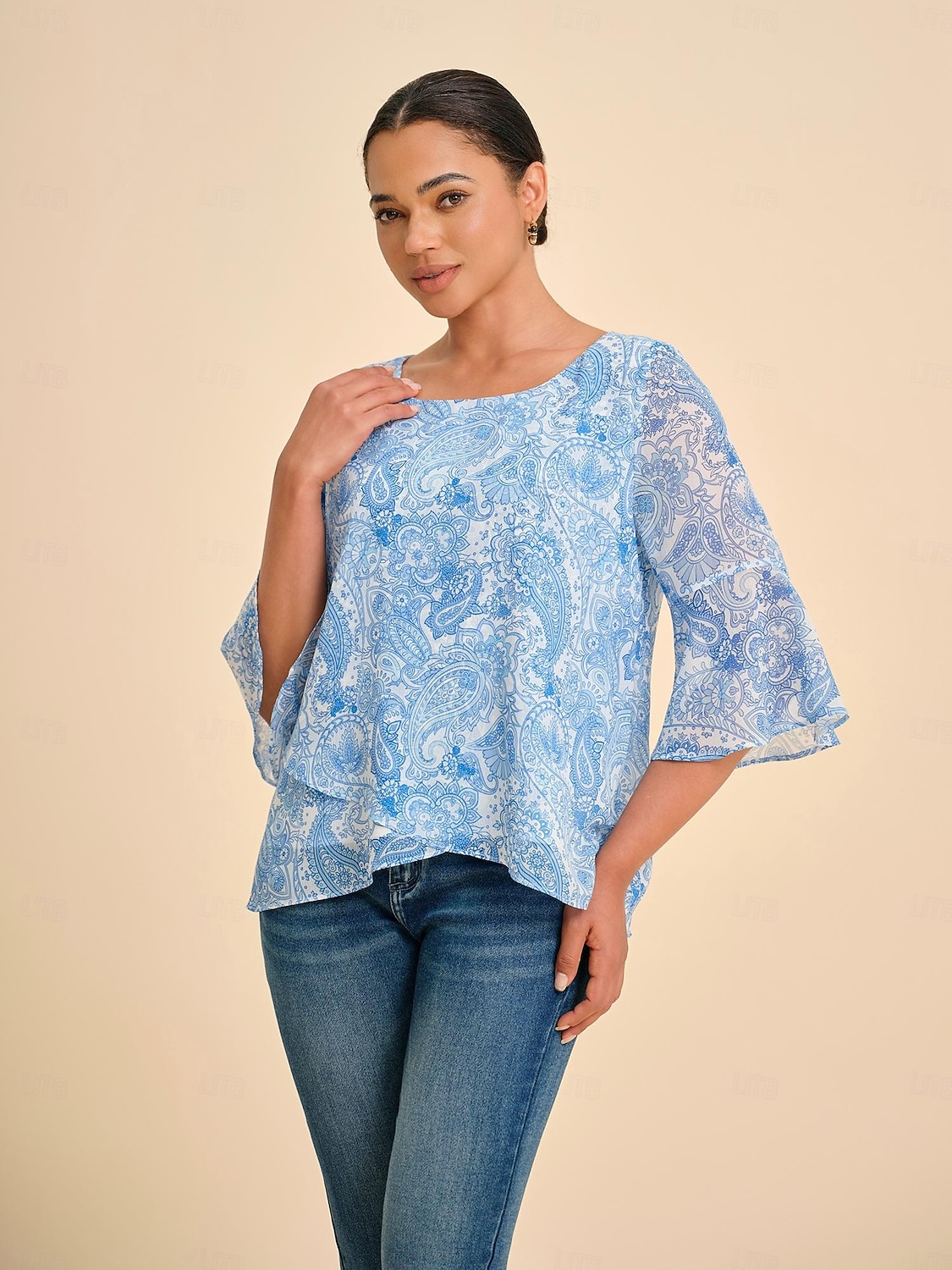 Femmes Féminin Paisley Occasionnel Bleu Ciel Manche 3/4 Élégant Décontracté Quotidien Col ras du cou Été Printemps Automne de 2025 ? $61.99 –P1