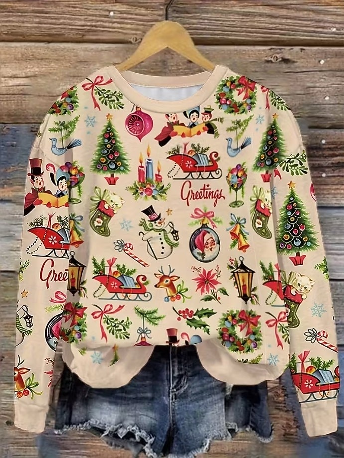 Pentru femei Hanorace Grafic Mos Craciun Fulg zăpadă Epocă Casual Manșon Lung Rotund Topuri obișnuite Stradă Zilnice Casual Imprimeu Bej Toamnă Iarnă 2025 - $28.99 –P1