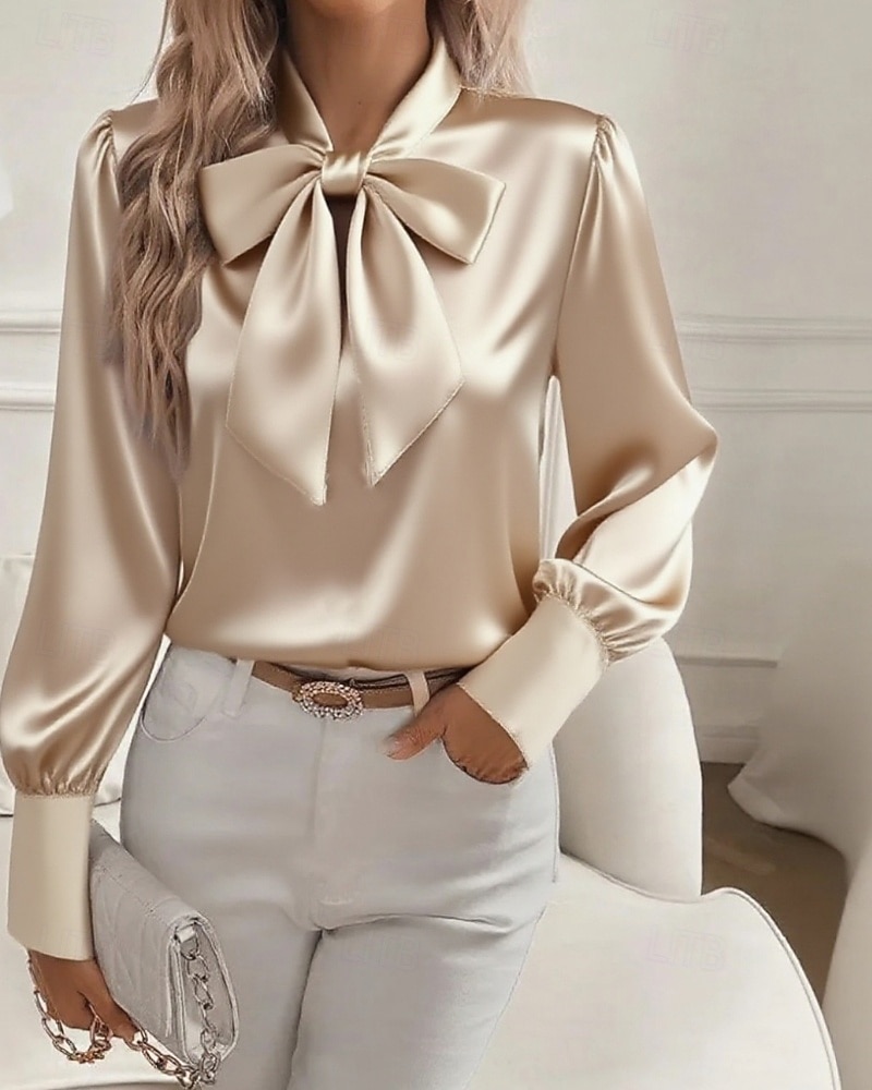 Per donna Camicia Elegant Elegante Top in raso Fiocco Semplice Elegante Manica Lunga Scollo a V Top Regolari Lavoro Ferie Uscire Nero Bianco Rosa Cachi Primavera Autunno del 2026 a $32.99 –P2