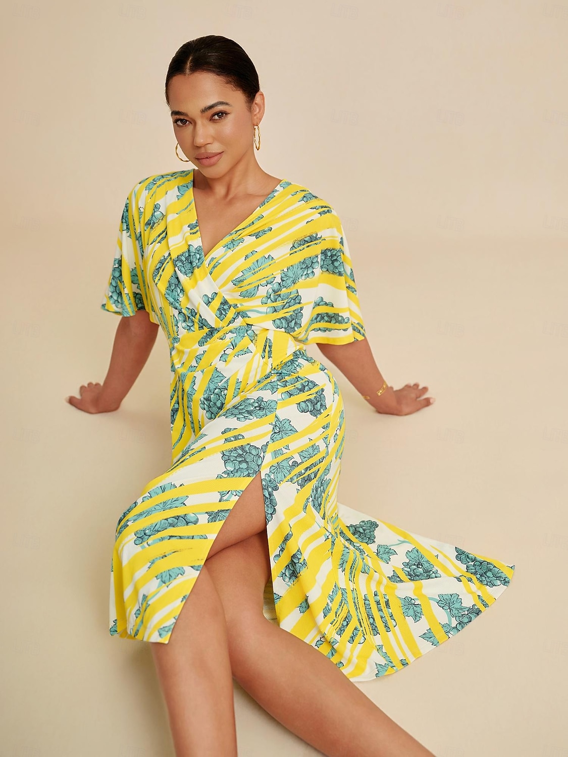 abito midi da donna manica a pipistrello elasticizzato stampa audace elegante versatile casual quotidiano primavera estate autunno del 2025 a $86.99 –P4