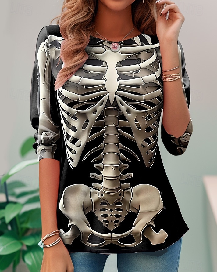 Damen T-Shirt Skeleton Schädel Grafik Skelett Vintage Mode Stylisch Langarm Rundhals Reguläre Oberteile Täglich Wochenende Druck Schwarz Wein Dunkelgrau Sommer Frühling Herbst 2026 - $24.99 –P2