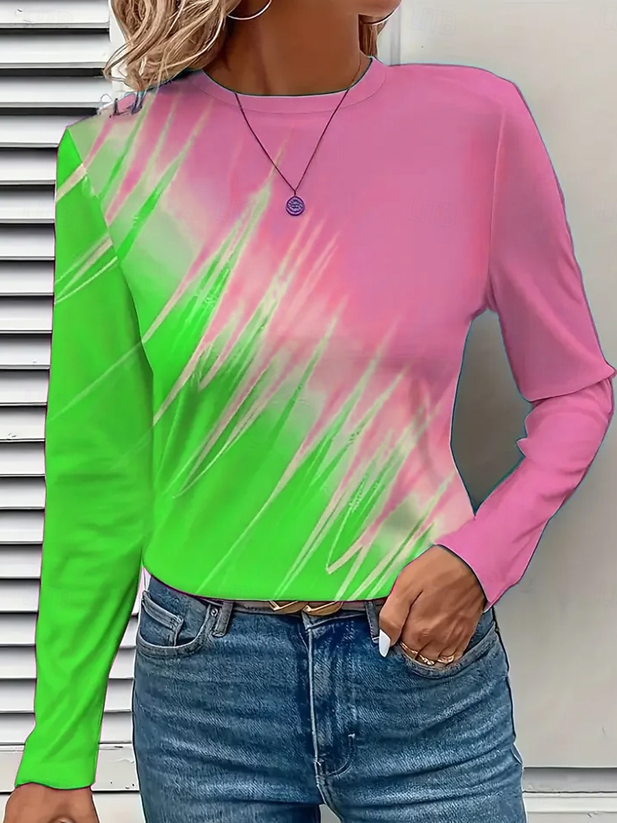 2026年 女性用 Tシャツ プリント グラフィック 幾何学模様 ヴィンテージ スタイリッシュ 近代の 長袖 クルーネック レギュラートップス 日常 ブルー ピンク ネービーブルー オレンジ グリーン 春 秋 冬  コレクション – $24.99 –P7