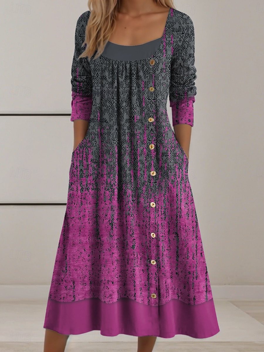 בגדי ריקוד נשים שמלת מידי שמלת שיפט יום יומי יומי רגיל גראפי גיאומטרי שרוול ארוך צווארון מרובע אודם פול סגול תלתן סתיו חורף 2025 - $36.99 –P3