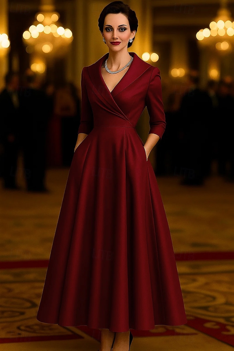 Linha A Até o Tornozelo Vestido de festa Vestido Coquetel Vestido de convidada de casamento Vestido Para Mãe dos Noivos Manga 3/4 Decote V Colarinho de Camisa Elegante Vintage Formal Cetim Elástico de 2026 por $172.99 –P4