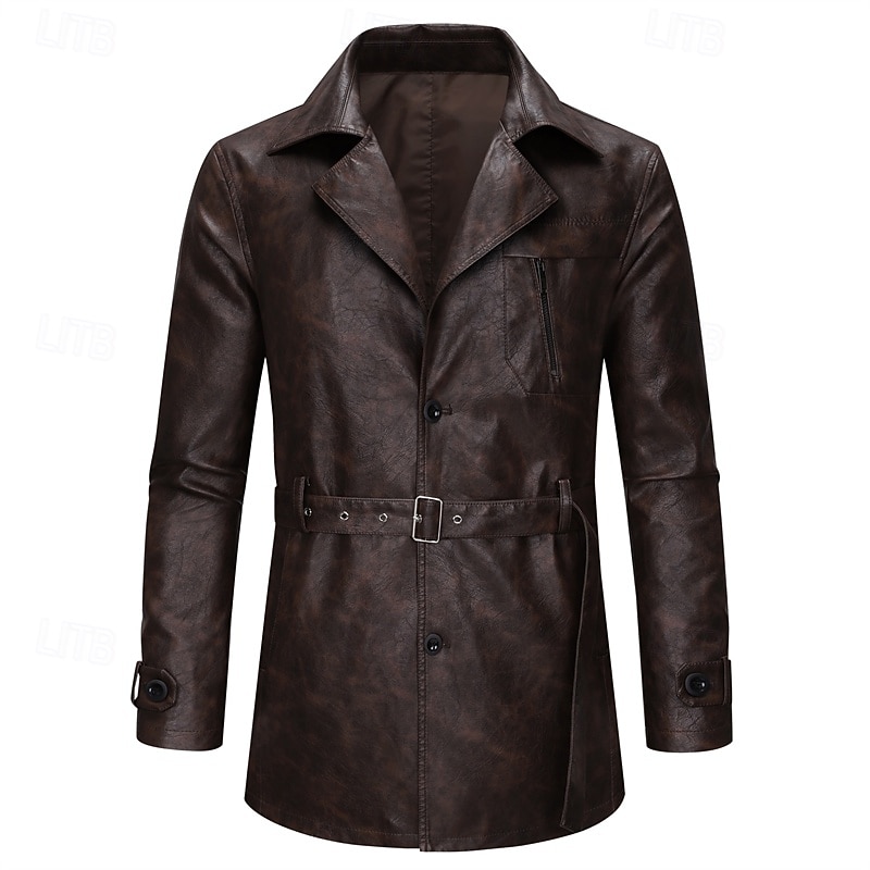 Herr Rock Trenchcoat Lång trenchcoat Semester Dagligen Vår Höst PU Läder Vindtät Ytterkläder Kläder Mode Klassisk Slät Ficka Kavajslag Enkelknäppt 2025 - $73.99 –P15