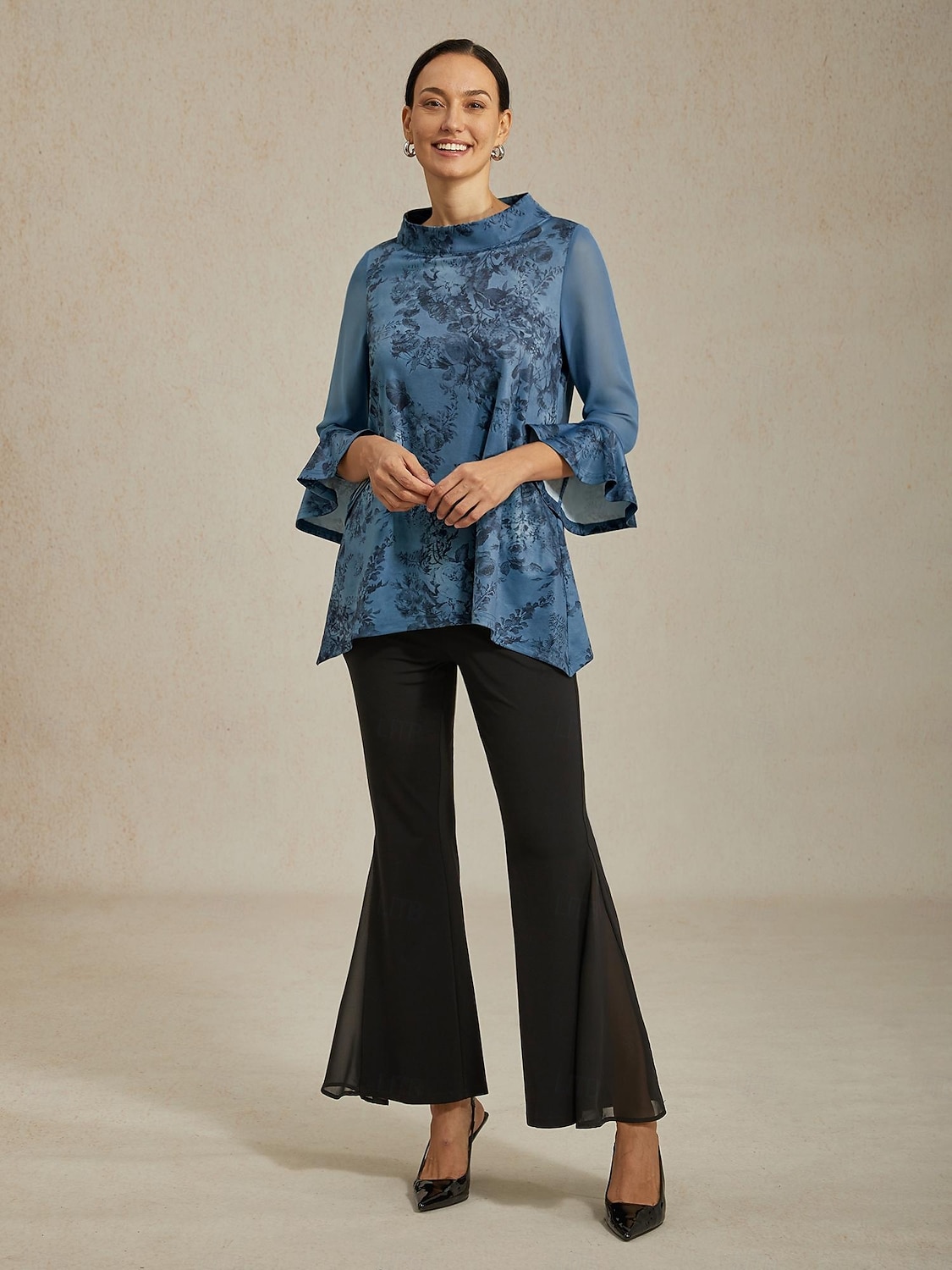 Chemisier femme gris bleu fleuri col montant manches à empiècements transparents ourlet asymétrique coupe confortable décontracté vacances printemps été automne de 2025 ? $61.99 –P1