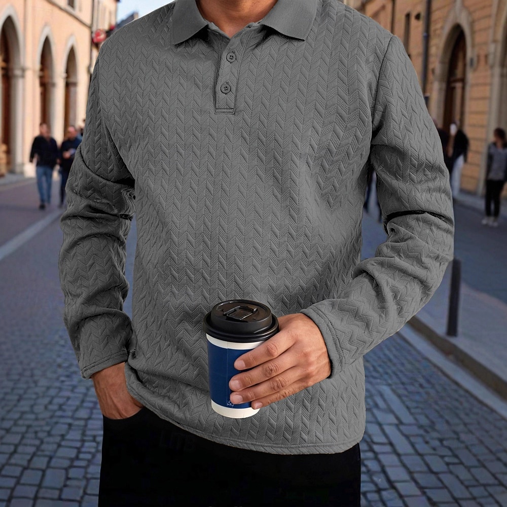 Herren Poloshirts Golf Poloshirts Geschäft Lässig Revers Klassisch Langarm Mode Basic Einfarbig Texture Jacquard Herbst Winter Ganzjahres Lässiger Schnitt Schwarz Weiß Grau Marineblau Khaki Armeegrün 2025 - $21.99 –P5