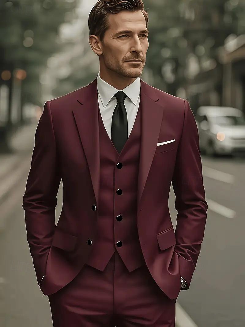 Heren Bruiloft Trouwpakken Ingesneden revers Zwart Bordeaux Jurken Effen Standaard pasvorm 3-delige set Enkele rij knopen met twee knopen 2025 - $129.99 –P7