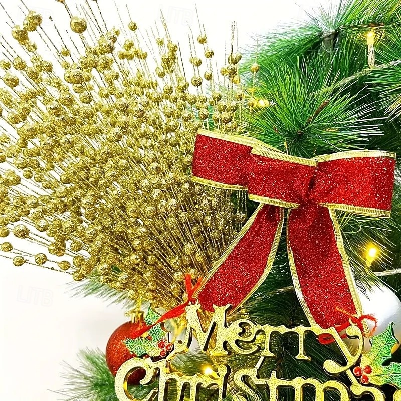 15 db karácsonyi csillámos dísz, arany csillogó golyók és fényes bogyók, műpisztácia karácsonyfára, ünnepi parti dekoráció 2025 - $24.99 –P8