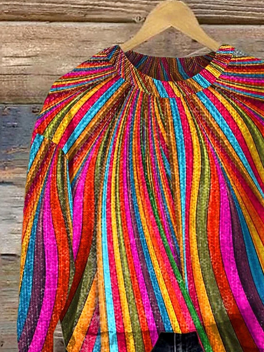 Damen Pullover Mode Lässig Grafik Gestreift Abstrakt Rundhalsausschnitt Patchwork Blumen Gestrickt Langarm Normale Oberteile Stricken Arbeit Regenbogen Herbst Winter 2025 - $28.99 –P2